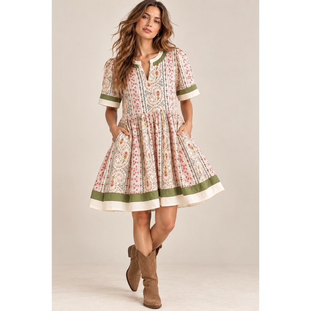 Entro Women Floral Paisley Stripe Cotton Mini Dress Pink Green L Boho Cottage